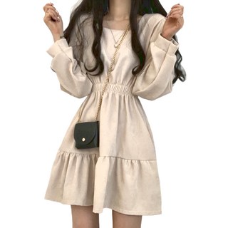 C3630 韓系甜美收腰洋裝, 不適用, 杏