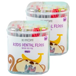 K-MOM 兒童迷你牙線棒 80支 3歲以上適用 清潔齒縫 幫助去除牙菌斑, 蜜桃紅 + 煙燻灰 + 橘果青, 2盒