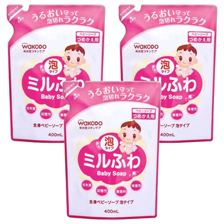 WAKODO 和光堂 潤澤嬰幼兒沐浴泡 補充包 慕斯型 無香料 新生兒適用 容易清洗 對寶寶肌膚不乾燥, 400ml, 3包