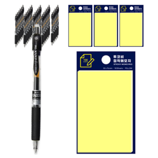 동아 유노크펜 0.5mm 12p + 투코비 스티키 메모패드 노랑 세트, 검정, 4세트