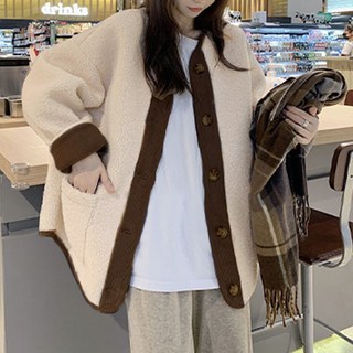 女款時尚潮流溫暖鈕扣設計燈芯絨羊羔毛外套