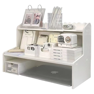 梯形收納架 木塑板人工複合板 2層 台面置物架, 中號(35 x 21 x 30cm), 01 白色