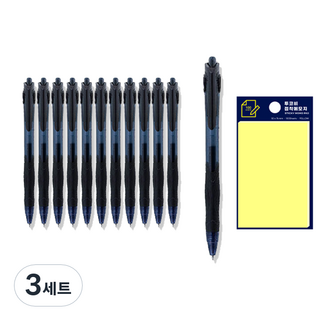 동아 겔스트림 펜 0.7mm 12p + 투코비 스티키 메모패드 노랑 세트, 검정, 3세트
