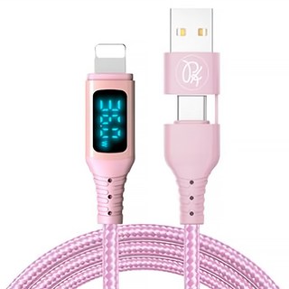 VAW數顯液態矽膠神速36W快充二合一Type-C/USB-A TO Lightning PD充電傳輸線 ca-2732, 1.2m, 粉色, 1條