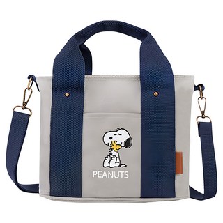 Kiiwi O 史努比 多隔層厚磅帆布兩用托特包 - 350克帆布 提把10cm 肩帶75-130cm, 24 x 13 x 19cm, 灰藍色
