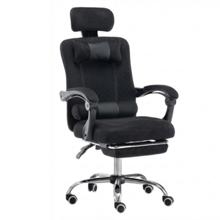 C-FLY 時尚家居 人體工學坐臥電腦椅 無段式氣壓升降 高密度布面坐墊 可收納翻轉式腳墊 頭枕扶手可調節, 黑色