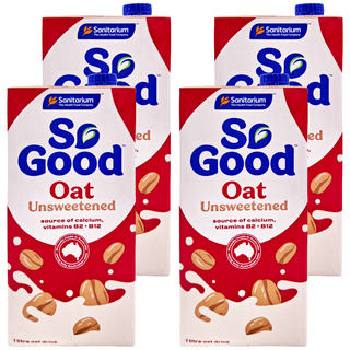 So Good 燕麥奶 無加糖, 富含鈣和維生素B2和B12, 不含乳製品, 素食可用, 1L, 4瓶