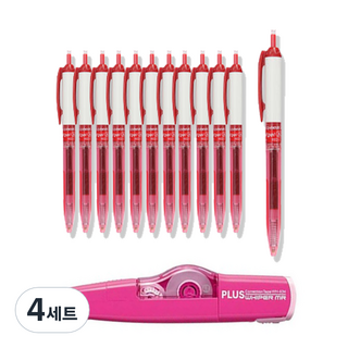 동아 애니겔 볼펜 501 0.5 12p + 플러스 수정테이프 랜덤발송 WH-635 세트, 적색, 4세트
