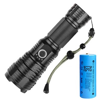 미나티 J65 XHP70.2 LED 줌 써치라이트 + 26650 충전식 배터리, 블랙, 1세트