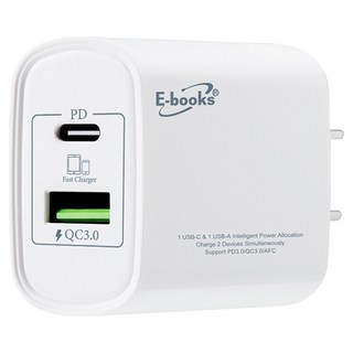 E-books B73 智能穩壓 20W PD + QC3.0雙孔快速充電器, 白色, 1盒