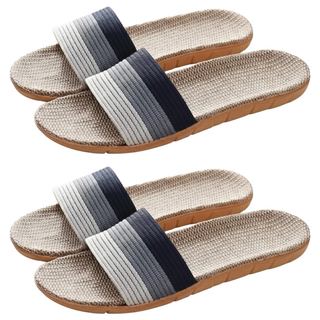 BonBon naturel 男款舒適透氣亞麻居家拖鞋漸層條紋 藍色 耐磨防滑, 2雙, L