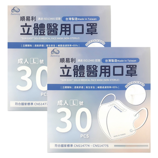順易利 立體醫用口罩 成人新款 L, 30片, 莫蘭迪藍, 2盒