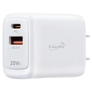 E-books PD + QC3.0雙孔智能快速充電器 20W B111, 1個, 白色