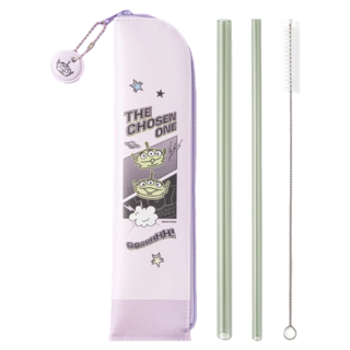 Oolab 良杯製所 繪想年代系列 防潑水吸管收納組 透明斜口大口徑吸管 26cm 軍綠色 + 透明斜口小口徑吸管 26cm 軍綠色 + 吸管專用清潔刷 三眼怪款, 1組, 1組