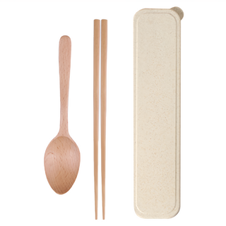 LifeShopping 日式麥稈盒裝餐具組, 原木色, 小麥盒24.5 x 5.5 x 3.3cm + 筷子23.5cm + 湯匙18.5 x 4cm, 1組