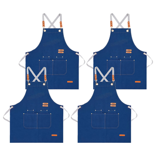 防潑水工作圍裙，帆布皮革金屬材質，廚房咖啡廳適用, 深藍色, 4件