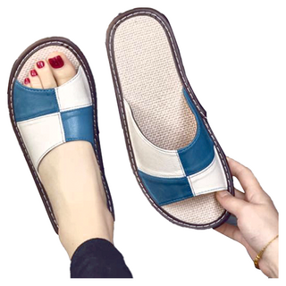 羊皮撞色拼接防滑室內拖 頭層羊皮 亞麻腳踩 PVC鞋底, 藍白色, 26cm, 1雙