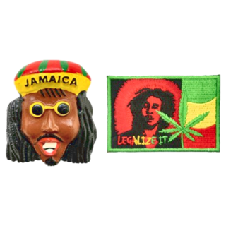 A-ONE 匯旺 牙買加特色黑人外國地標磁鐵 + 巴布 馬利 雷鬼歌手外套電繡 2個 Set, 螺縈刺繡線 聚酯纖維 台灣製, 7.5 x 6cm, C184 +138