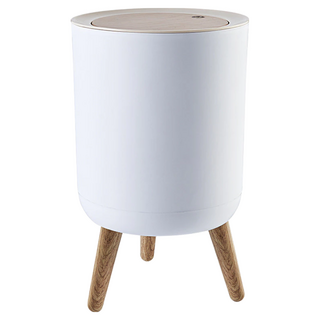 FEIDASH 飛達三和 高腳木紋垃圾桶 便捷卡扣設計 壓圈固定 北歐風木紋蓋 7L 白色, 36.3 x 22cm