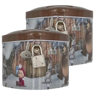 心型存錢筒 附鎖 鐵製, 瑪莎與熊 咖啡色, 2個