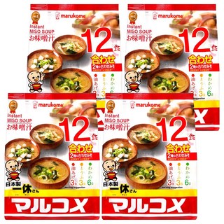 Marukome 一休綜合味噌湯 12包 日本原裝進口 道地日式風味 豆腐油豆腐裙帶菜3種配料口味, 216g, 4袋