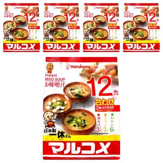 Marukome 一休綜合味噌湯 12包 日本原裝進口 道地日式風味 豆腐油豆腐裙帶菜3種配料口味, 216g, 5袋