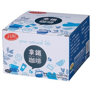 貝妮 拿鐵咖啡 黃金比例調配 冷熱皆宜 台灣製造 通過SGS生菌數檢驗, 15g, 30包, 1盒