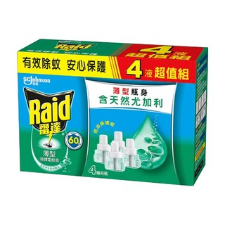 Raid 雷達 超智慧薄型液體電蚊香補充瓶 尤加利 4入組 含Etoc除蚊配方 有效驅蚊 清新自然, 164ml, 1盒