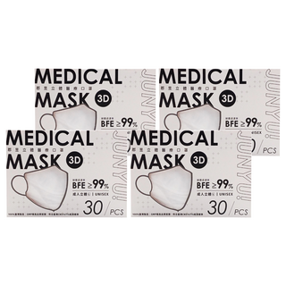 JUN 郡昱 3D成人立體醫療口罩 L, 30片, 4盒, 無暇白