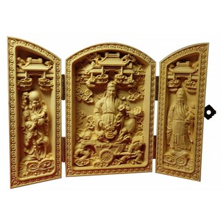 黃楊木佛龕,福祿壽三仙, 高10 x 寬5 x 展開13cm