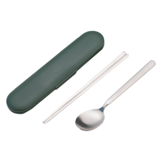 NIneware 不鏽鋼環保餐具組, 湯匙 + 筷子 + 收納盒, 綠色, 1組