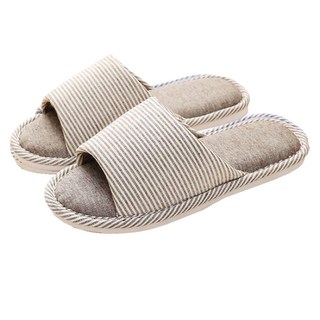 I Love Home 條紋亞麻室內拖鞋, 棕色, 1雙