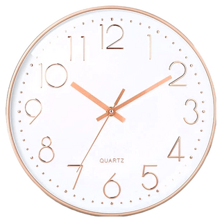 石英掛鐘 ABS+高透光玻璃 12英吋 時鐘精準 靜音無聲, 白底玫瑰金