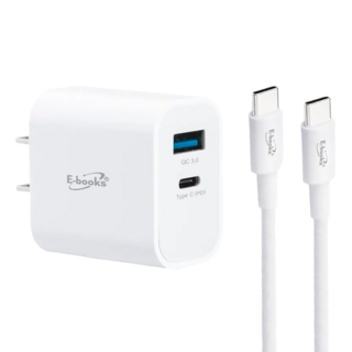 E-books B78 20W PD + QC3.0快速充電器 + 60W C to C快充傳輸線組 適用所有Type C接頭手機 內建六大保護功能, 白色, 1組