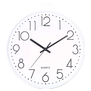 靜音石英掛鐘, ABS高透光玻璃電子元件, 直徑30cm, 厚度4cm, 白框白底黑字