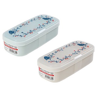 NAKAYA 日本可愛的小鳥棲樹圖案便當盒系列 內附分隔板 長型S(183 x 81 x 51mm) 510ml 2個, 藍色 + 白色, 1組