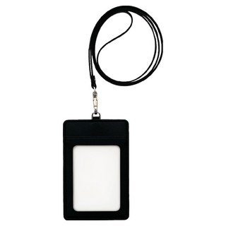 FunnYmade 雙面收納皮革員工證件套掛繩, 1個, 黑色