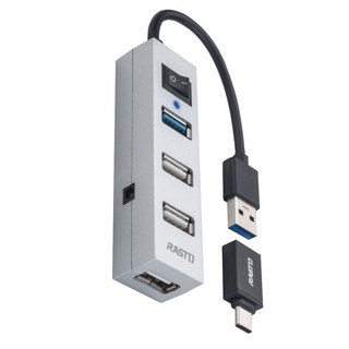 RASTO USB3.2省電開關四孔HUB Type C接頭 RH8, 14cm, 白色 + 黑色, 1組