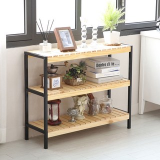 철제 다용도 정리 스탠드선반, 원목 + 블랙프레임, 3단