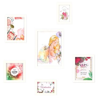 iINDOORS 北歐簡約相框6入組 附圖卡6張 + 黏土 + 無痕釘 + 背板掛勾 + 水平儀, 白色, 1組