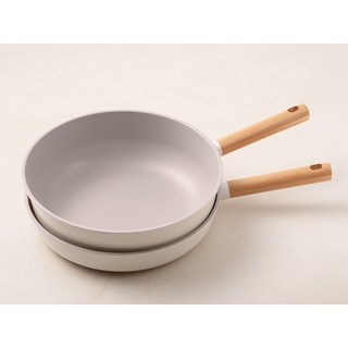 Tamsaa 陶瓷塗層鍋具2件組, 平底鍋 28cm+炒鍋 28cm, 奶油白