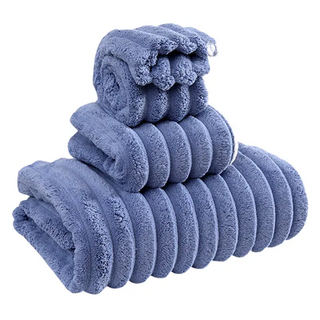雲朵條珊瑚絨沐浴3件組，靛青藍，含毛巾35cmx75cm/乾髮巾25cmx63cm/浴巾70cmx140cm, 1組