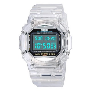 SKMEI 時刻美 時尚透明運動電子錶，禮盒組，50米防水, 水晶白