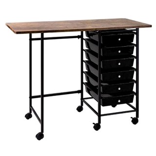 AMOS 輕工業復古風六抽摺疊收納桌, 塑合板烤漆鐵管金屬零件塑料抽屜, 100 x 45 x 75cm, 胡桃色