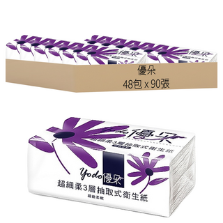 優朵 超細柔3層抽取式花紋衛生紙, 100%原生紙漿, 無螢光劑, 400度高溫殺菌, 90張, 12包, 4袋