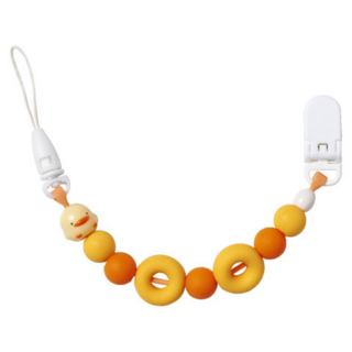 PiYOPiYO 黃色小鴨 夜光甜甜圈奶嘴鍊, 搭配夜光設計及固定夾, 矽膠材質無異味, 發光設計防止奶嘴掉落, 360度專利夜光扣具, 適用於6個月以上寶寶, 活力橘, 1條