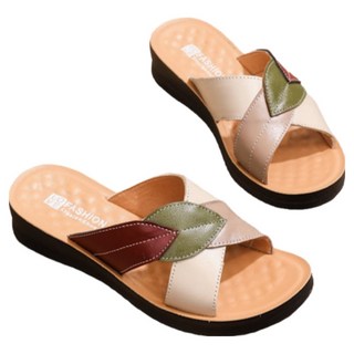 LIKEHOUSE 真皮頭層牛皮女士防滑室外一字拖鞋 拚色 LS31, 米色, 27cm, 1雙