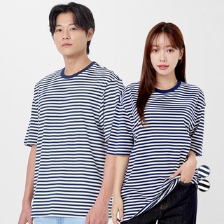 CARET 寬鬆條紋基本款短袖T恤, 海軍藍