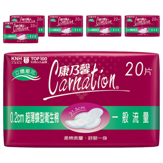 康乃馨 超薄蝶型衛生棉 護翼型, 一般流量(21.5cm), 20片, 6包