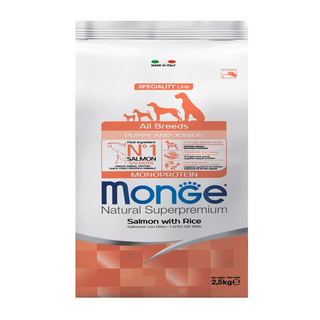 MonGe 瑪恩吉 1歲以下幼犬 天然呵護 乾飼料, 鮭魚 + 米, 2.5kg, 1袋